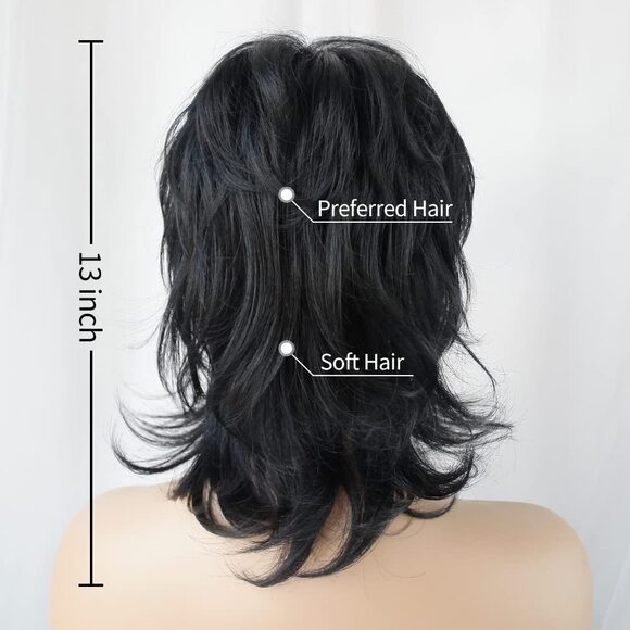 Short Black Mullet Wig Pixie Shaggy Layered Wolf Cut Curly Wig Cosplay Costume - Picture 7 of 9